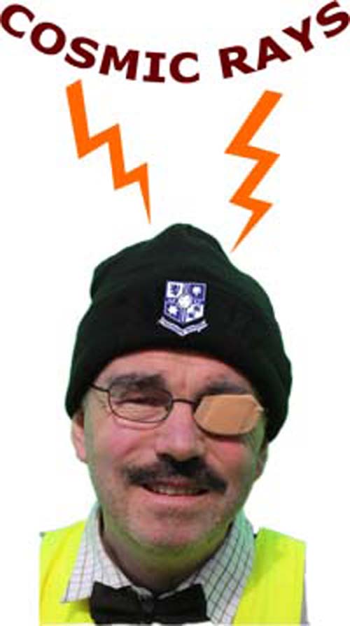 Cosmic ray zig-zags attacking a man with a tranmere rovers hat on and is looking sad. With a sticking plaster patch over his left eye.