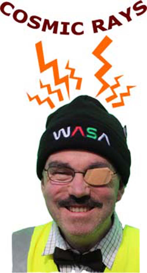Cosmic ray zig-zags attacking a man with a a WASA hat on and is looking happy. With a sticking plaster patch over his left eye.