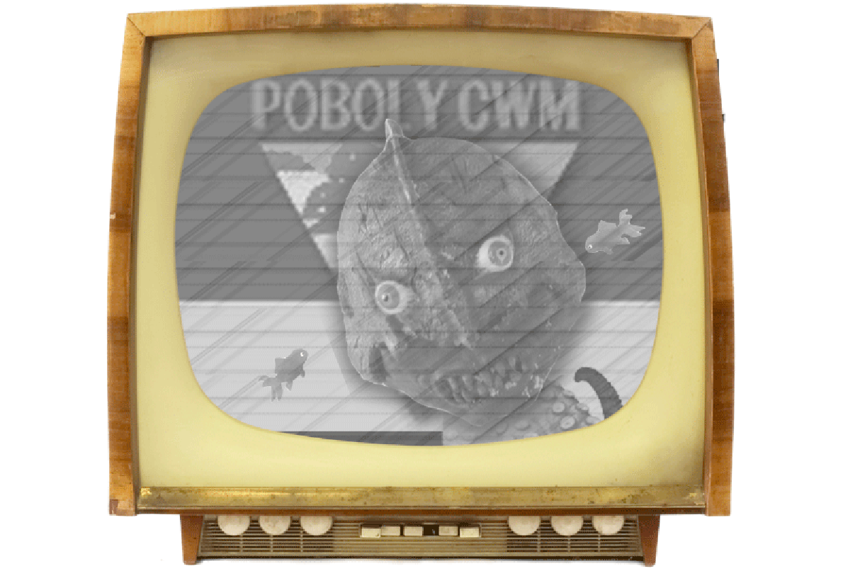 An old fashioned black and white tv with an alien who looks like an octopus rather angrily cuts across Pobol y Cwm