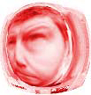 A spaceman's head through a fisheye lens and coloured red.