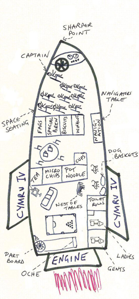 A drawing (poorly drawn) of a spaceship showing some of its internal fittings: pool table, sofa, dart board, nest of tables, pot noodle store, ladies and gents toilets, sharp point, space seating etc.