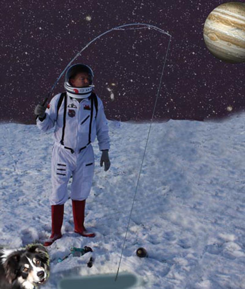 A spaceman fishing in a hole in the ice on a frozen planet surface. His line is bent as though he has caught something. Sheep dog in foreground, jupiter in the starry sky behind right
