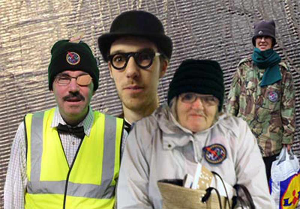 The Welsh Space Agency ground crew: Morris Spoon, Llyr ap Llwyllion, Mamgu and Brenda Prenderghast