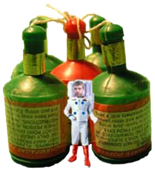 3 giant party poppers with a spaceman the same size for scale.
