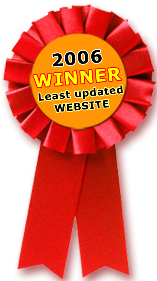 A red rosette with the words 2023 winner, least updated website